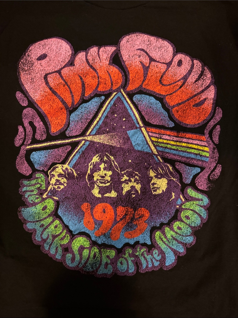 Pink Floyd Black Tee with Neon Prism and Multicolor Band Graphic